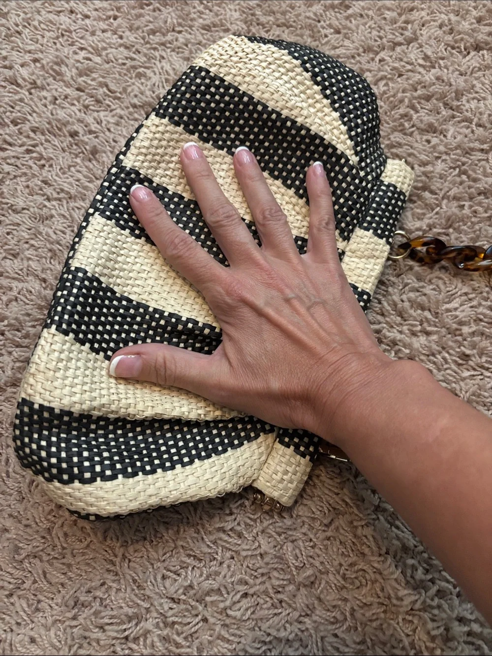 Woven Straw Black & Cream Striped clutch purse